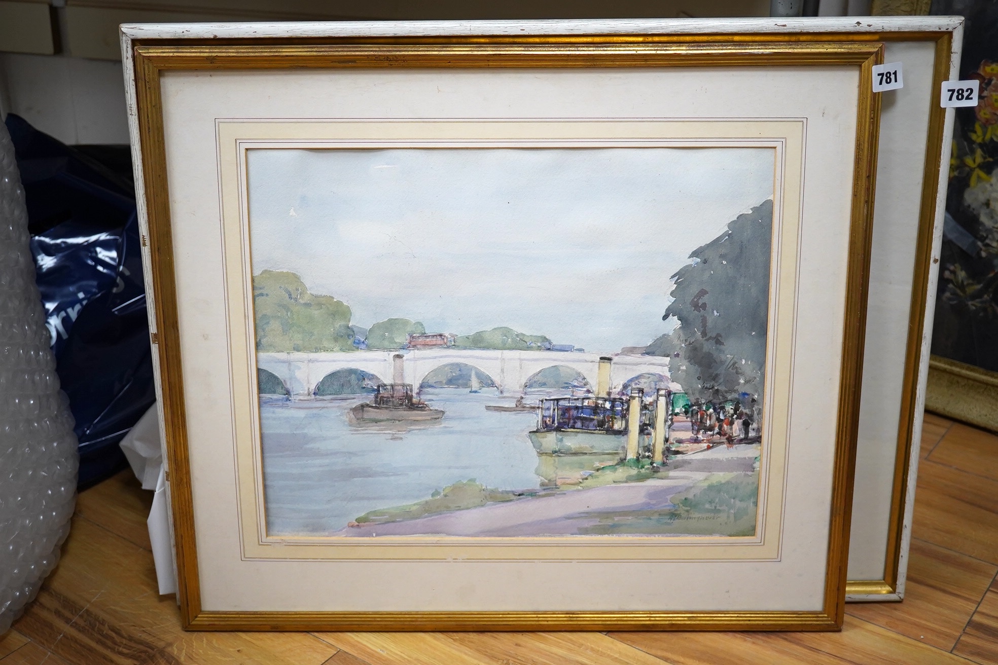 Alfred John Billinghurst (b.1880), watercolour, Riverscape with boats and bridge, signed, 36 x 45cm. Condition - poor to fair